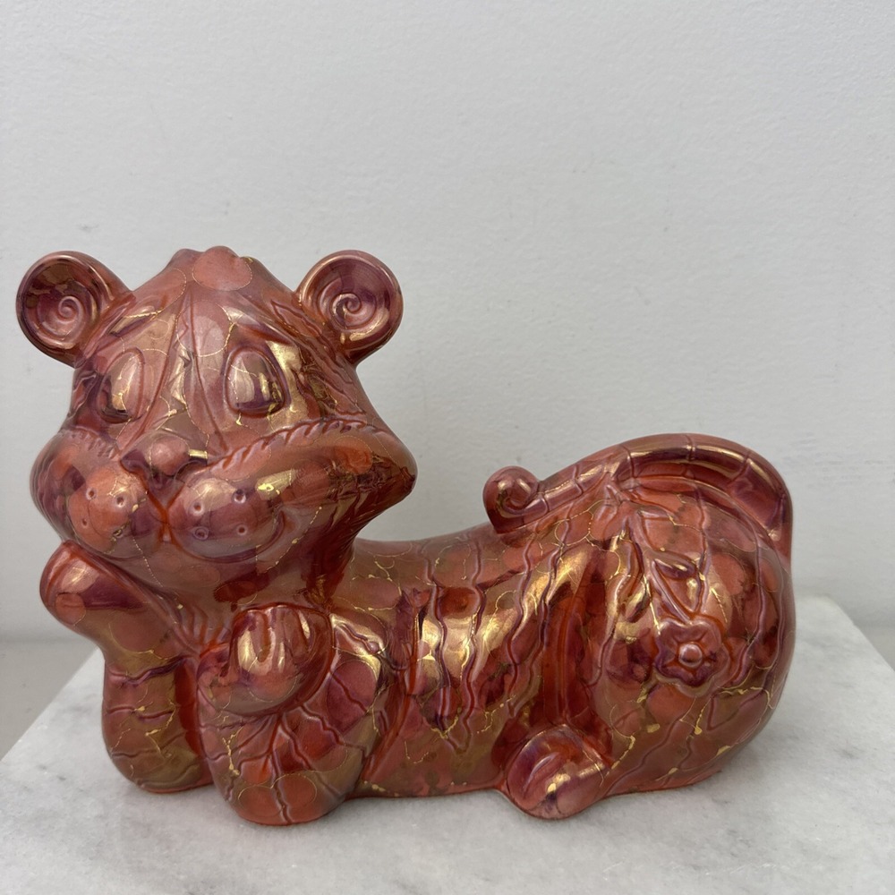VTG Retro Ceramic Laying Tiger Cat Coin Bank 8.75" Smirking Pink Holland Mold